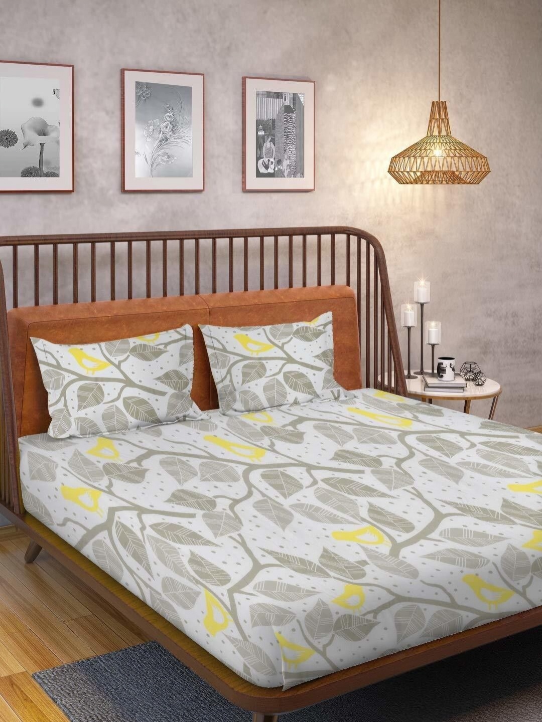 

Huesland Grey & White Floral 144 TC Cotton Double Queen Bedsheet with 2 Pillow Covers