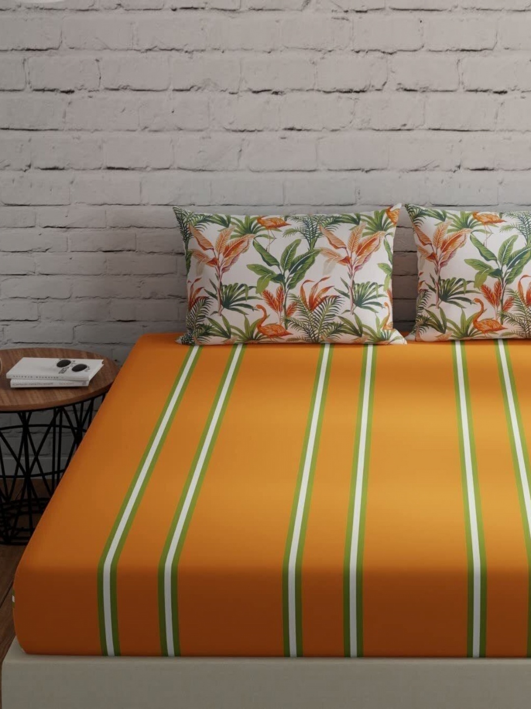 

Huesland Orange Floral Printed 144 TC Fitted Cotton King Bedsheet with 2 Pillow Covers