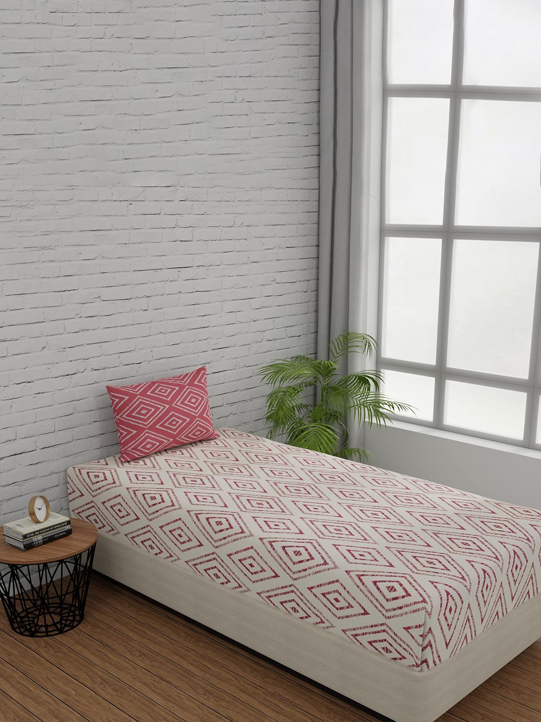 

Huesland White & Pink Geometric Fitted 144 TC Cotton Single Bedsheet & 1 Pillow Cover