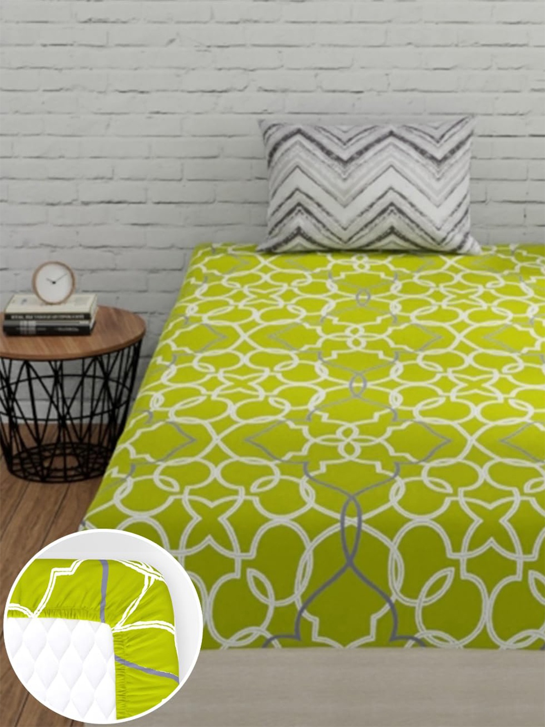 

Huesland Yellow & White Geometric 144 TC Cotton Fitted Single Bedsheet & 1 Pillow Cover