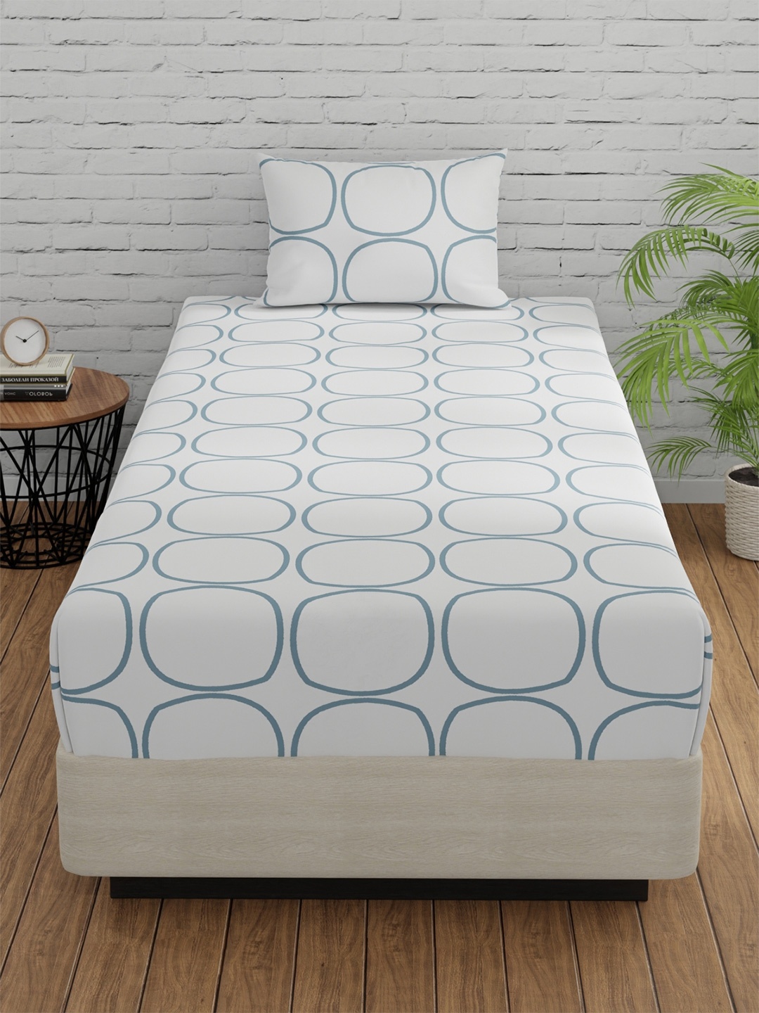 

Huesland White & Blue Printed 144 TC Cotton Single Bedsheet & 1 Pillow Cover