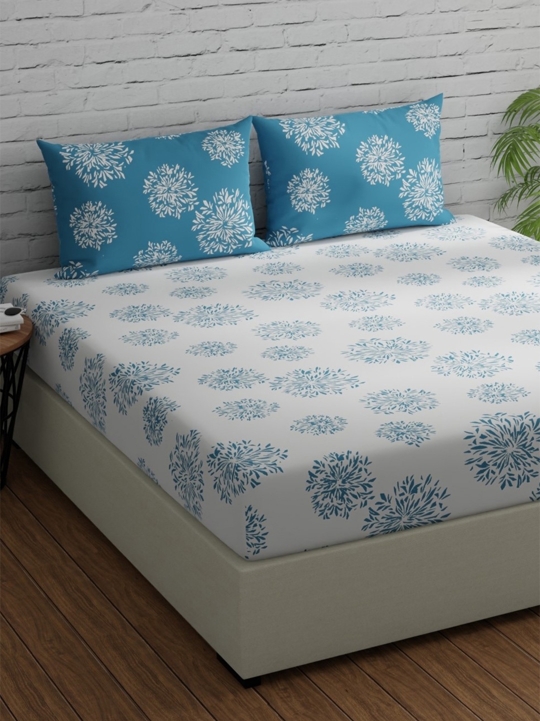 

Huesland White & Blue Floral 144 TC Cotton Fitted Double Queen Bedsheet & 2 Pillow Covers