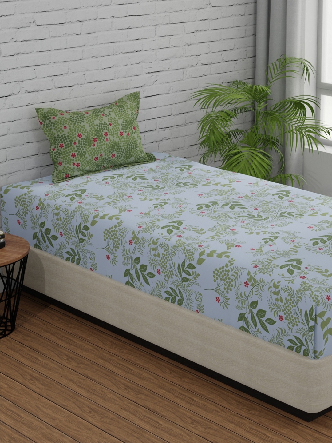 

Huesland White & Green Printed 144 TC Cotton Single Bedsheet with 1 Pillow Cover