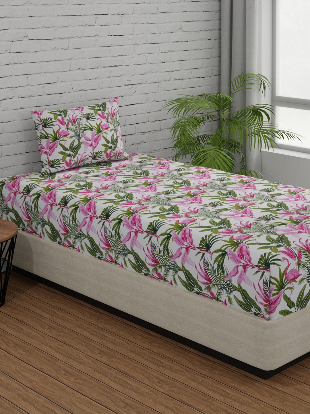 

Huesland Pink & White Printed 144 TC Cotton Fitted Single Bedsheet & 1 Pillow Cover