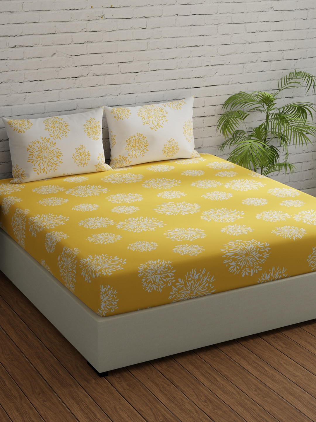 

Huesland Yellow Floral 144 TC Cotton Fitted Double Queen Bedsheet with 2 Pillow Covers