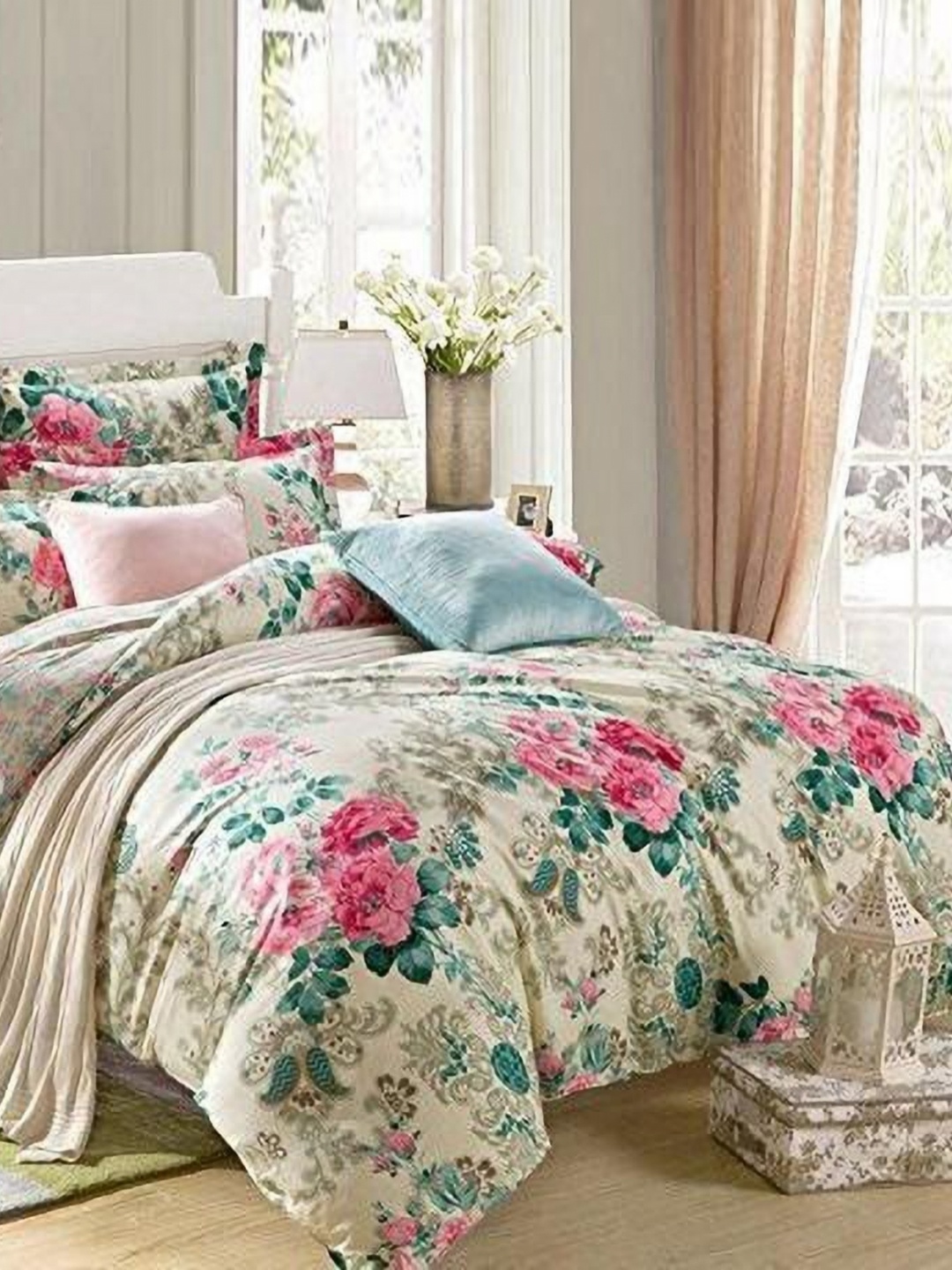 

Huesland Beige & Pink Floral 144 TC Cotton Double Queen Bedsheet with 2 Pillow Covers