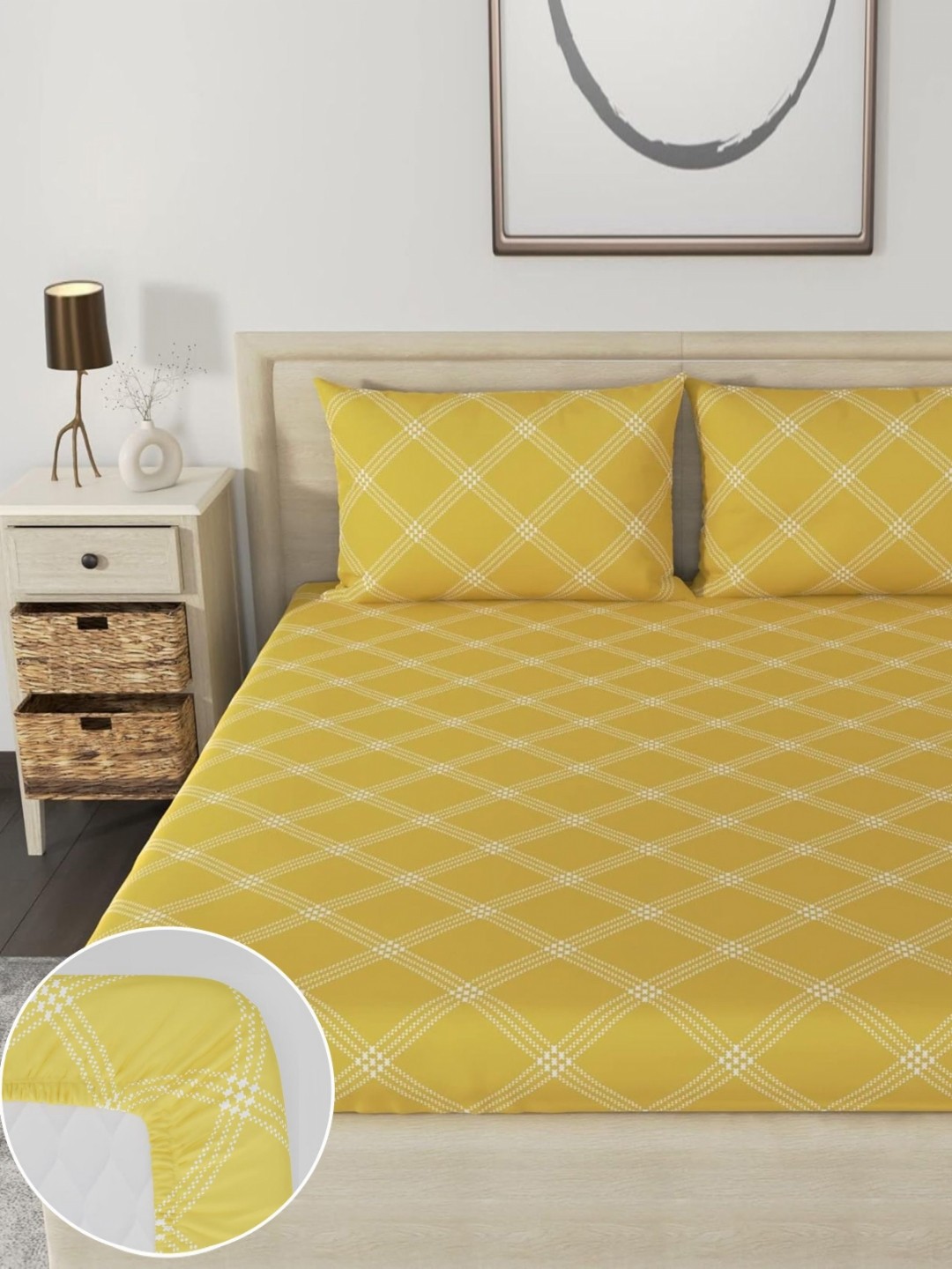 

Huesland Yellow Geometric 186 TC Cotton Fitted Double King Bedsheet & 2 Pillow Covers