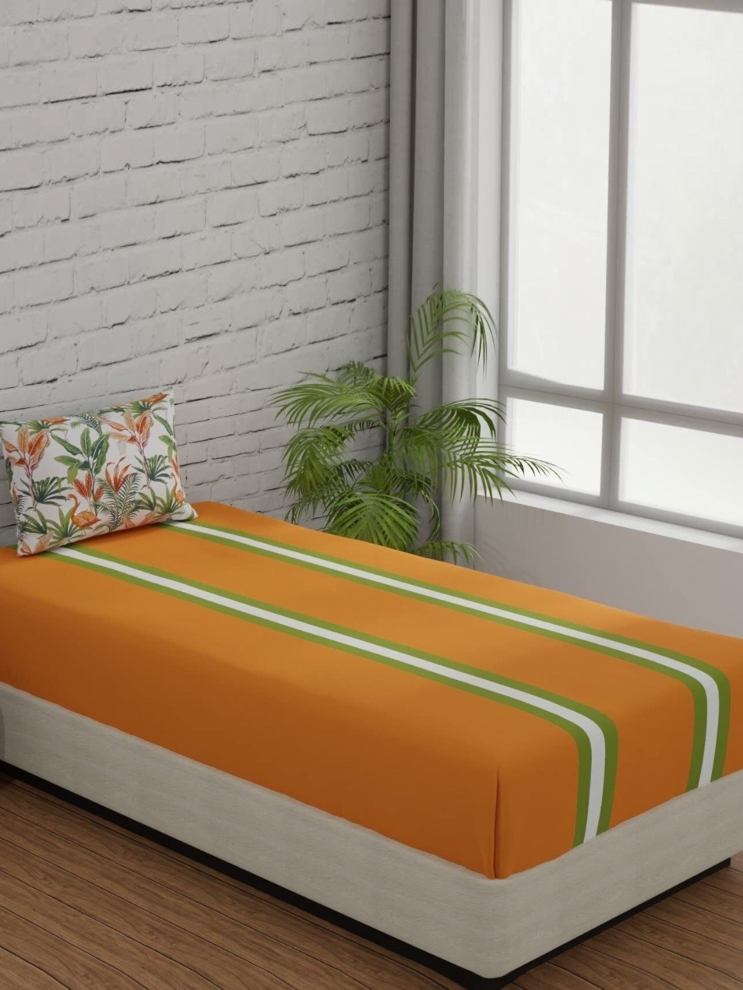

Huesland Orange & Green Printed 144 TC Cotton Fitted Single Bedsheet & 1 Pillow Cover