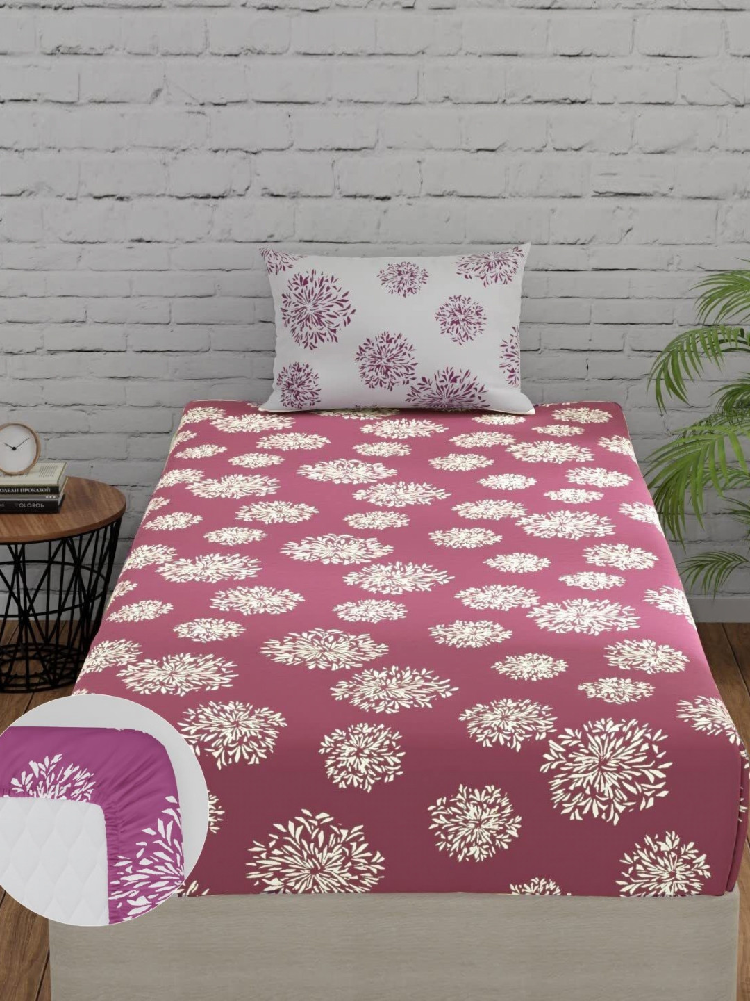 

Huesland Mauve & White Printed Cotton 144 TC Single Fitted Bedsheet & 1 Pillow Cover