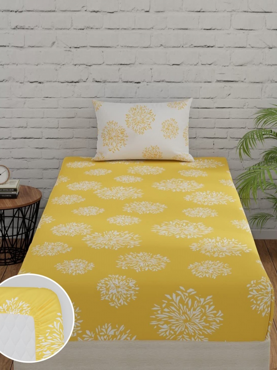 

Huesland Yellow & White Printed 144 TC Cotton Fitted Single Bedsheet & 1 Pillow Cover