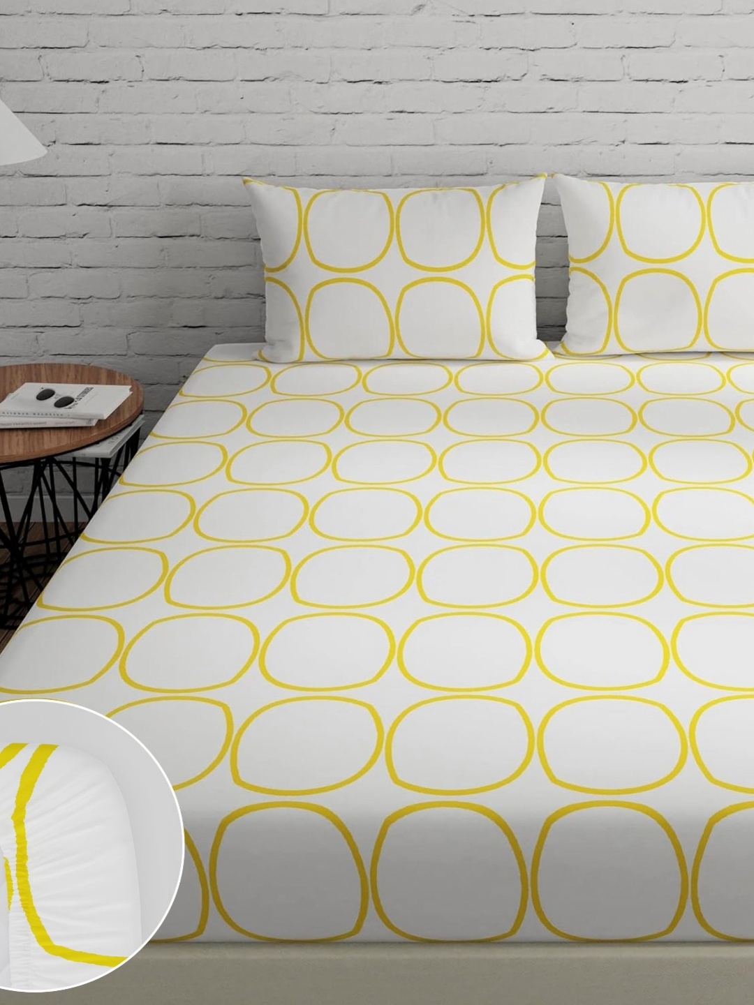 

Huesland White & Yellow Printed Cotton 144 TC King Fitted Bedsheet With 2 Pillow Covers