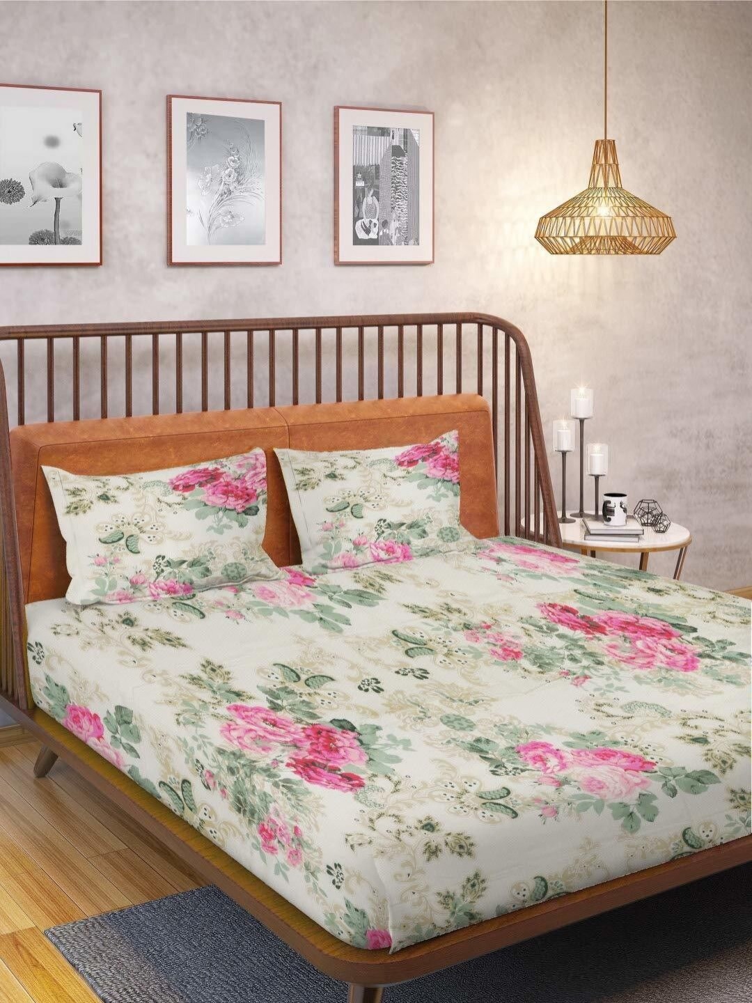 

Huesland Beige & Green Floral Printed 144 TC Cotton King Bedsheet With 2 Pillow Covers