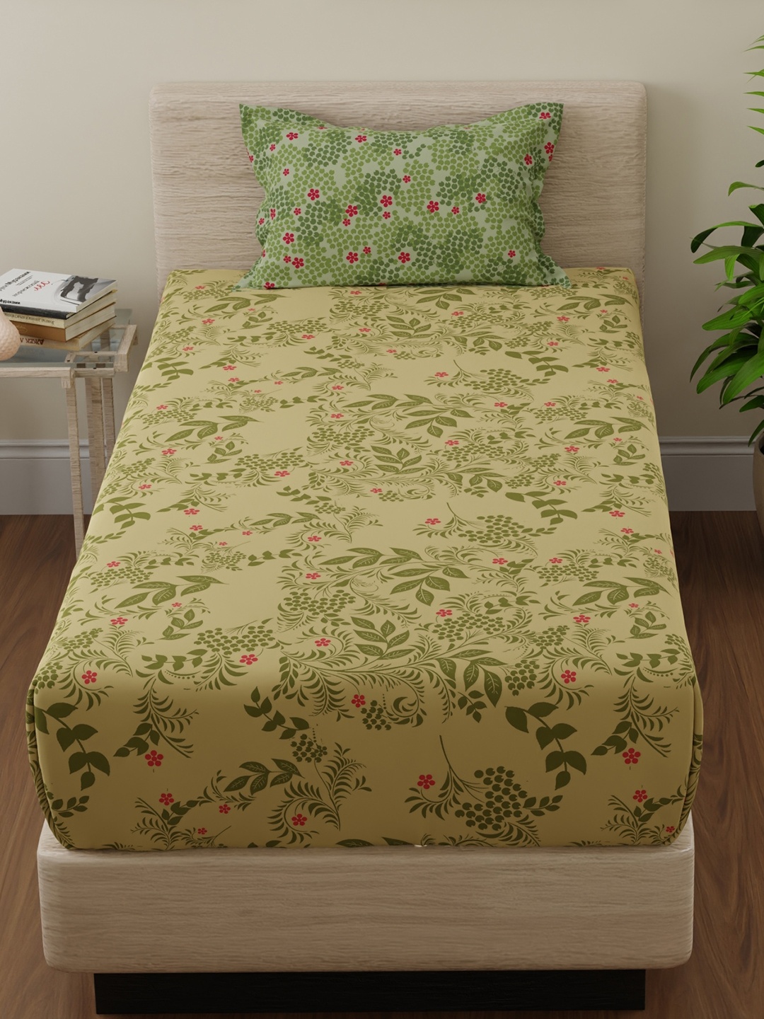 

Huesland Green & Pink Floral Prnited 144 TC Cotton Single Bedsheet & 1 Pillow Cover