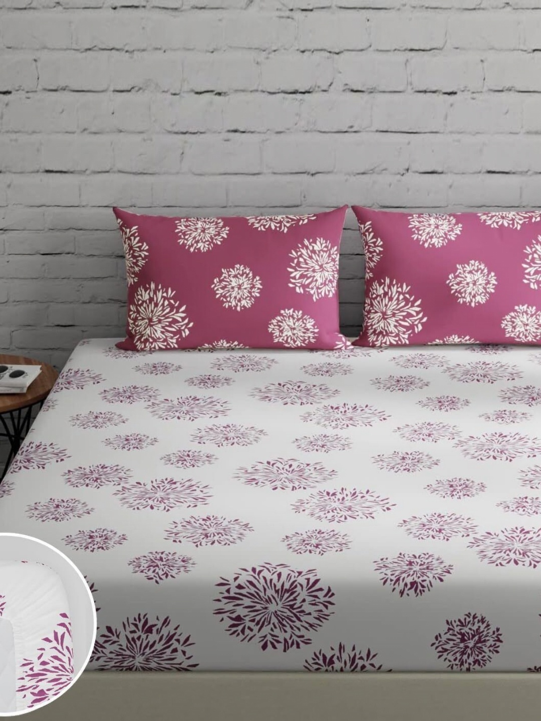 

Huesland White & Pink Floral 144 TC Cotton Double Queen Fitted Bedsheet & 2 Pillow Covers