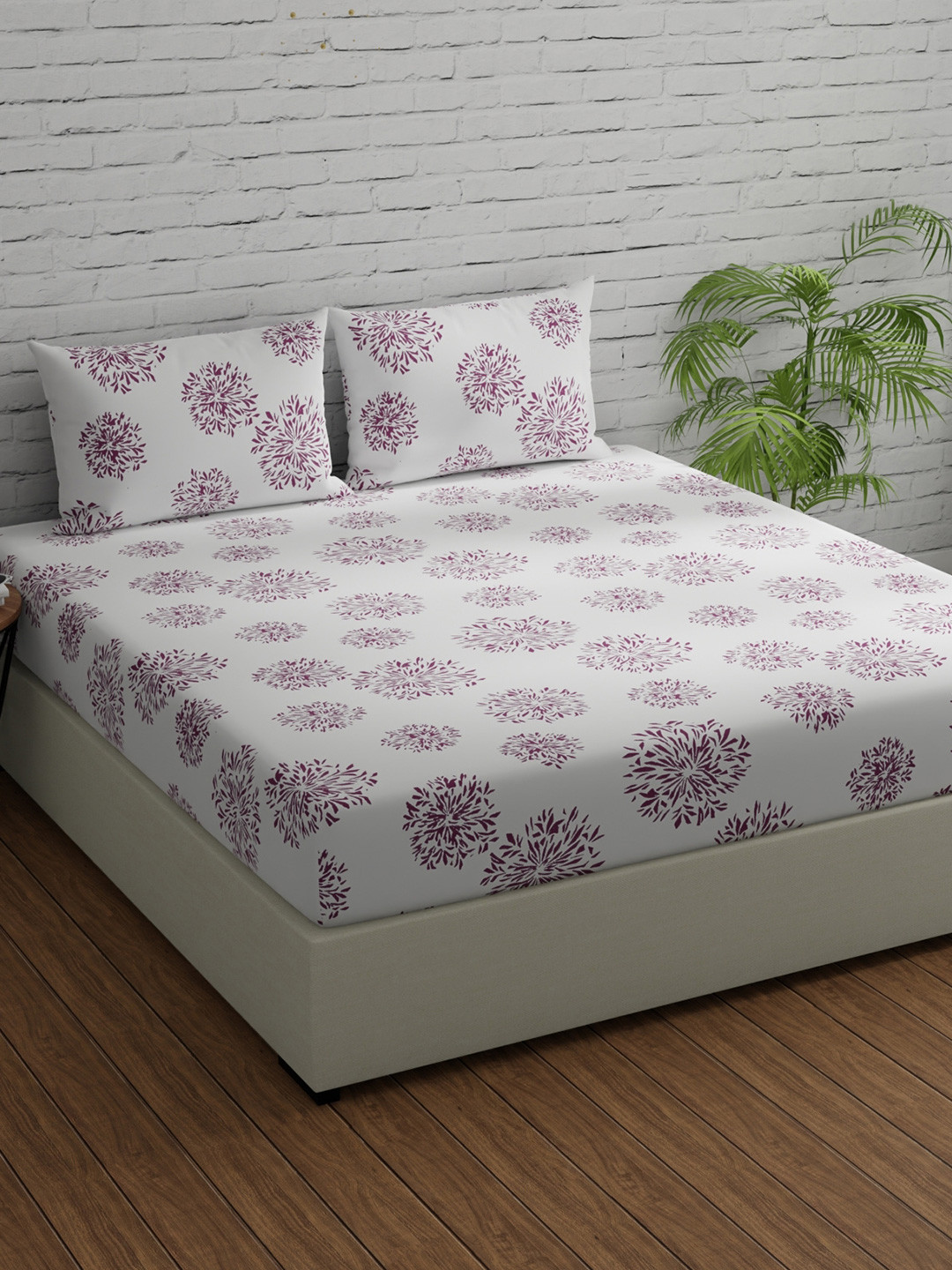 

Huesland White & Purple Floral Fitted Cotton 144 TC King Bedsheet With 2 Pillow Covers