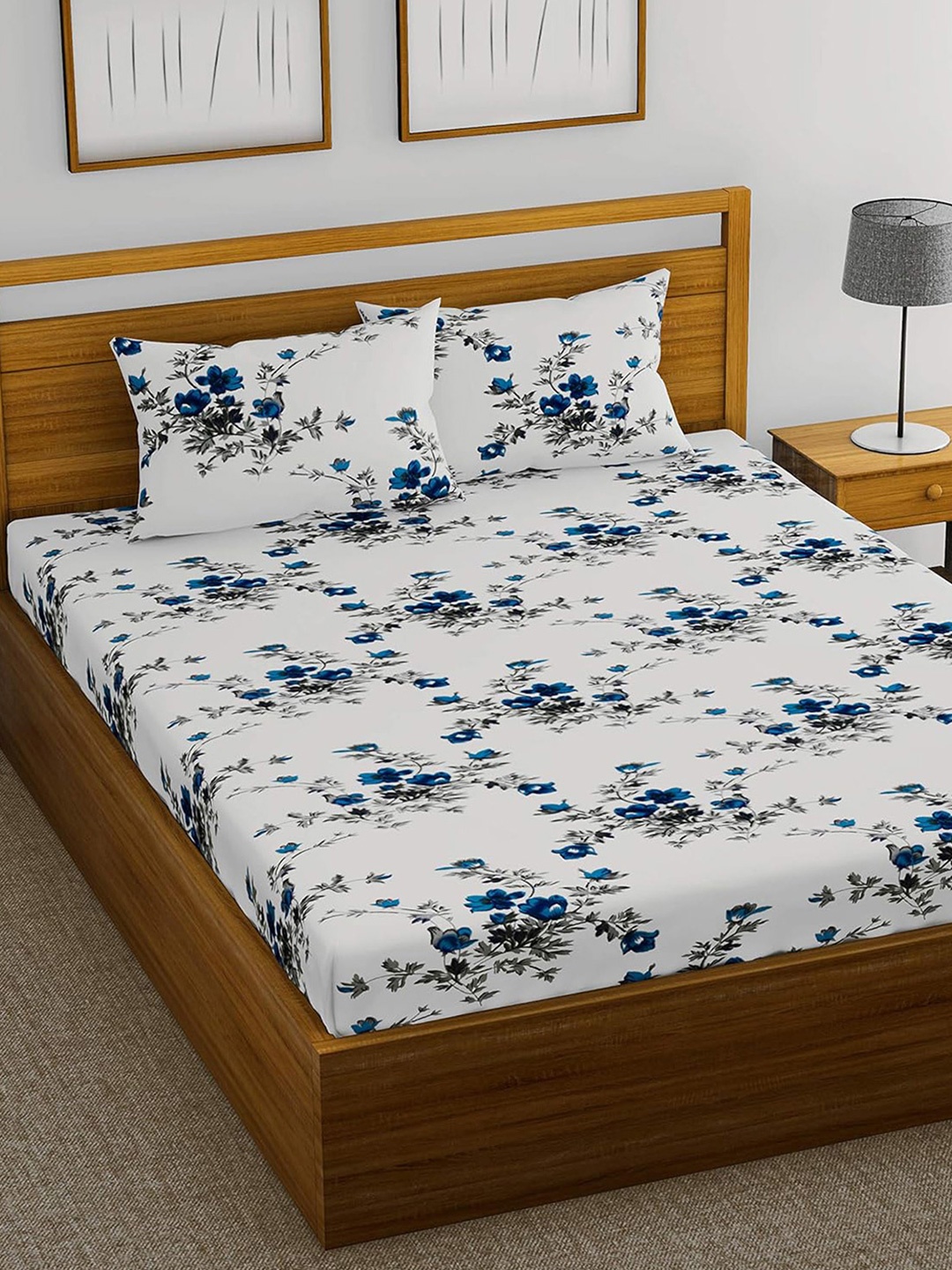 

Huesland White & Blue Floral Cotton 144 TC King Bedsheet With 2 Pillow Covers