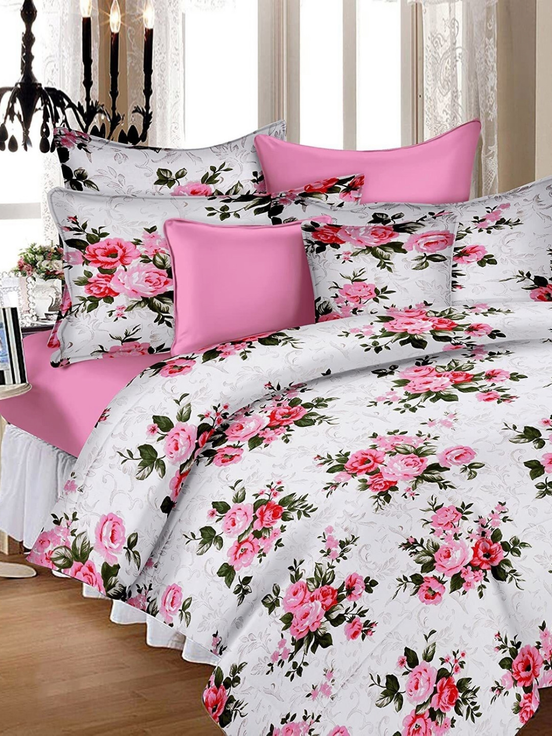 

Huesland White & Pink Floral Cotton 144 TC King Bedsheet with 2 Pillow Covers
