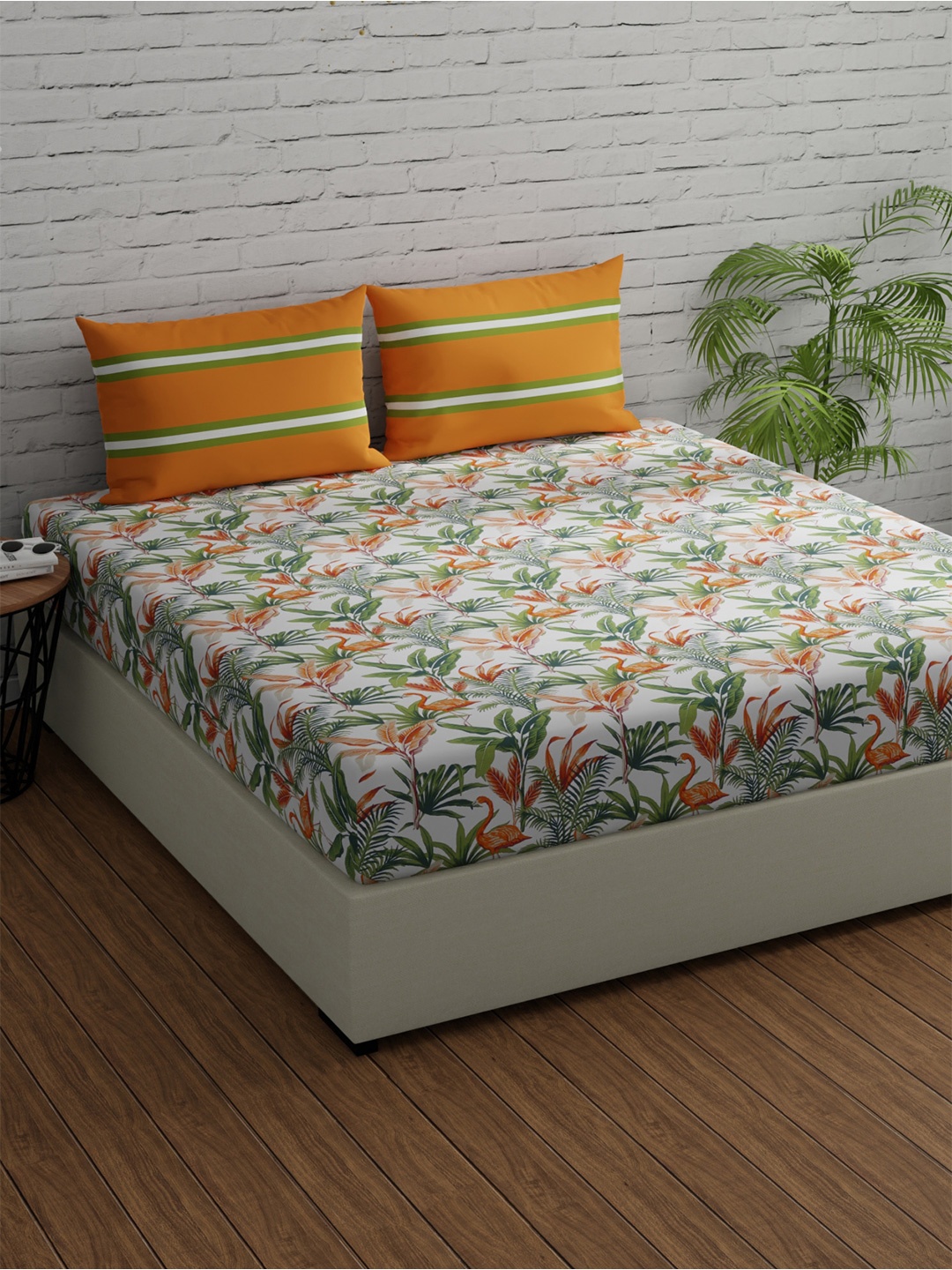 

Huesland Orange & Green Floral Fitted Cotton 144 TC Double Queen Bedsheet Set