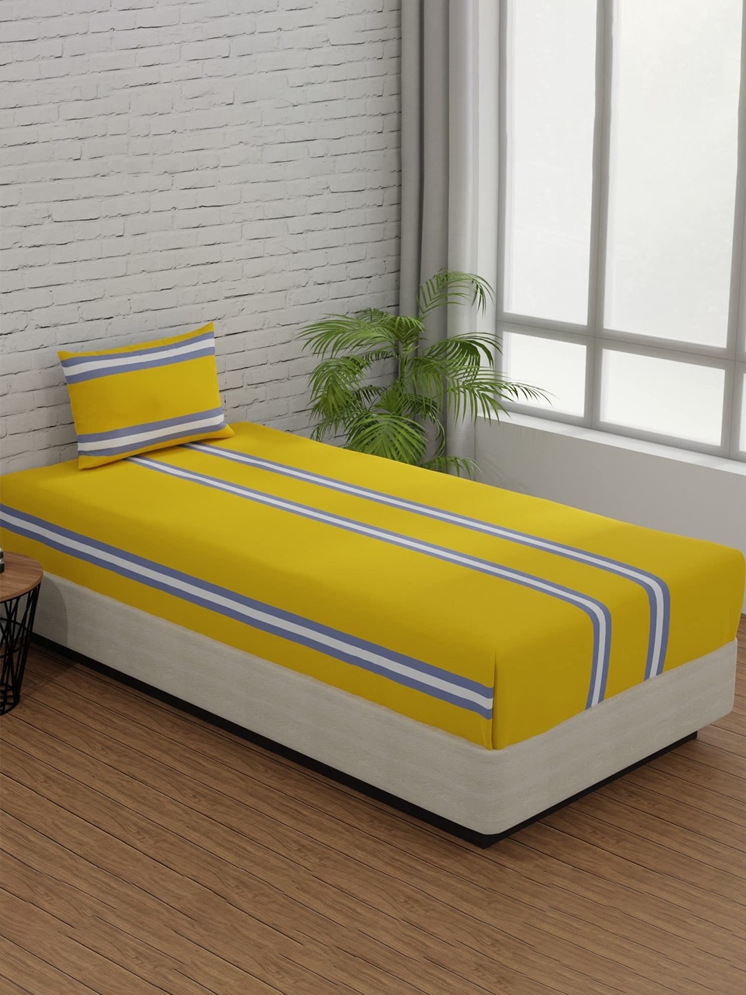 

Huesland Yellow & White Striped 144 TC Cotton Fitted Single Bedsheet with 1 Pillow Cover