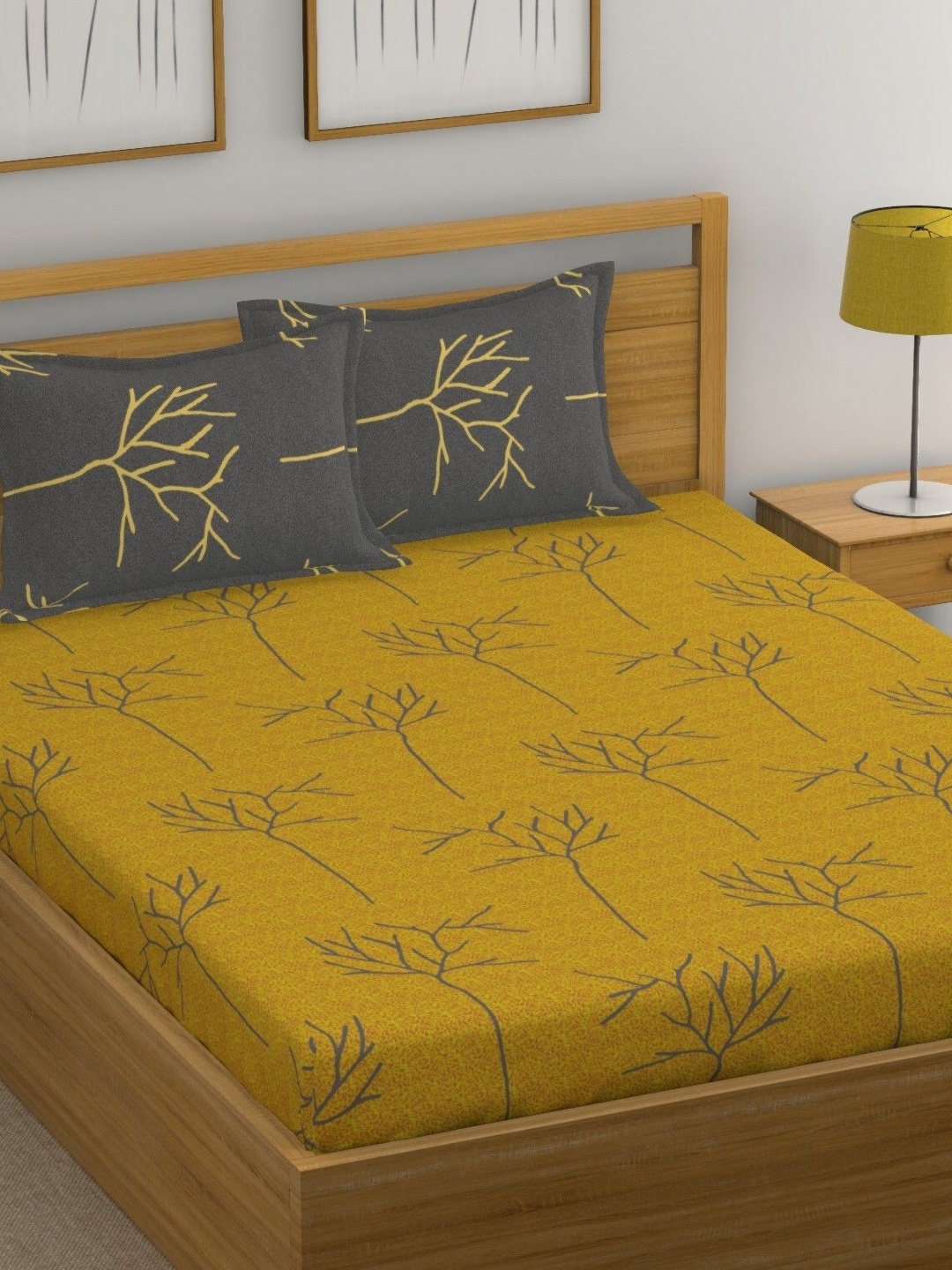 

Huesland Yellow & Grey Floral 144 TC Cotton King Bedsheet with 2 Pillow Covers
