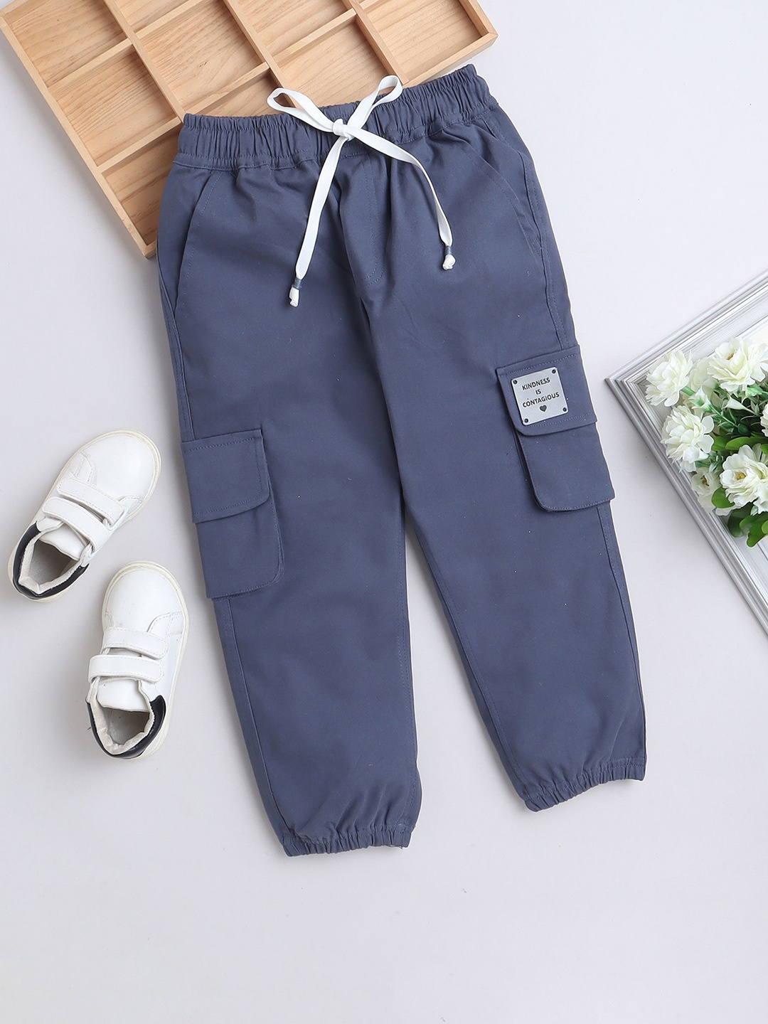 

BAATCHEET Kids Pure Cotton Mid Rise Joggers On Both Side Pocket, Blue