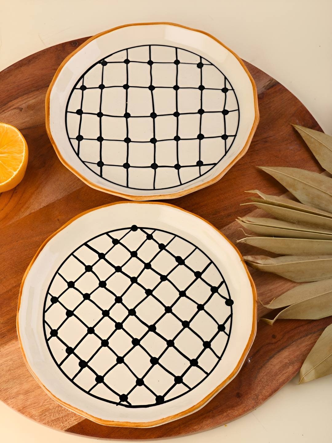 

WEAVING HOMES Beige & Black Printed Microwave Safe Ceramic Snack Plates