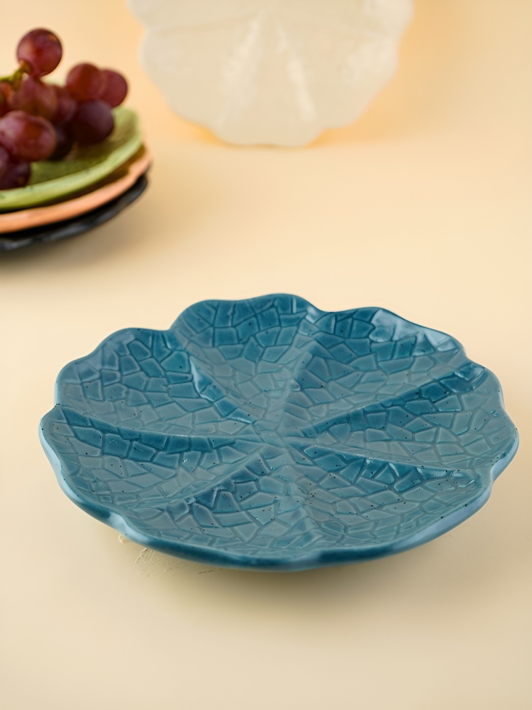 

WEAVING HOMES Blue Textured Microwave Safe Ceramic Dessert Plate