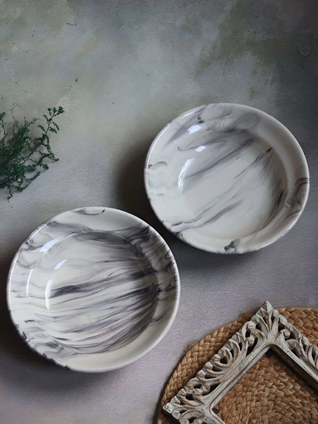 

WEAVING HOMES Black & Off White 2 Pieces Printed Microwave Safe Ceramic Plates