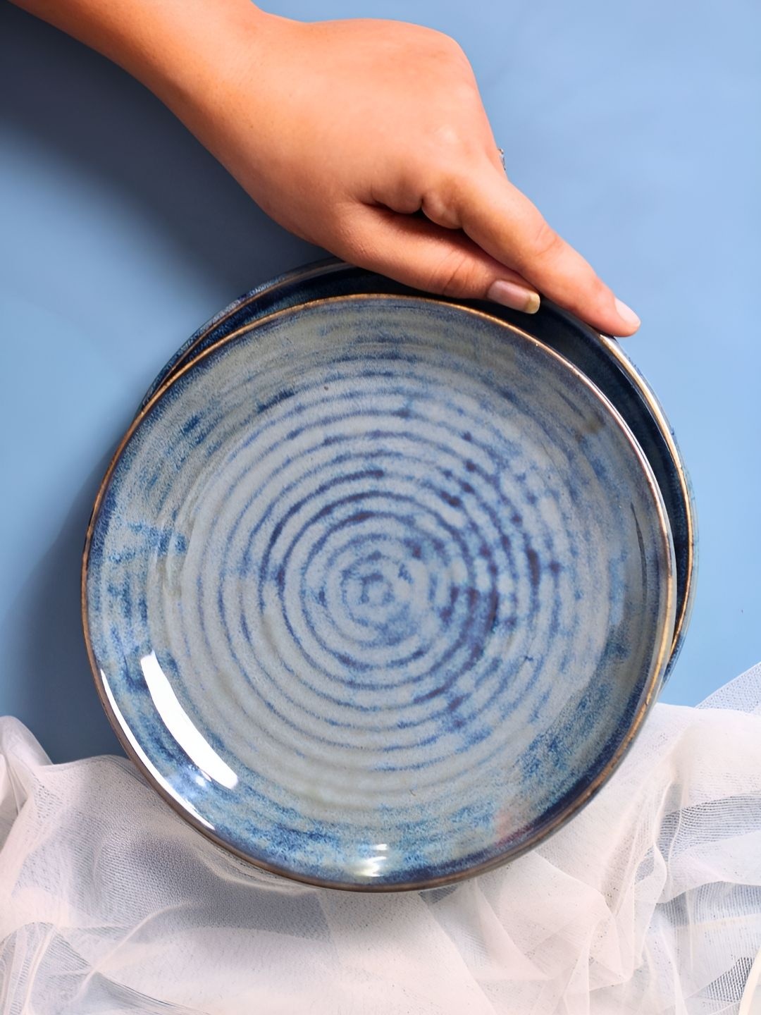 

WEAVING HOMES Grey & Blue Textured Microwave Safe Glossy Ceramic Plate