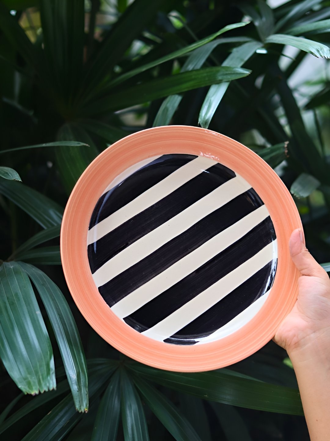 

WEAVING HOMES Peach & Black Printed Microwave Safe Glossy Ceramic Plate