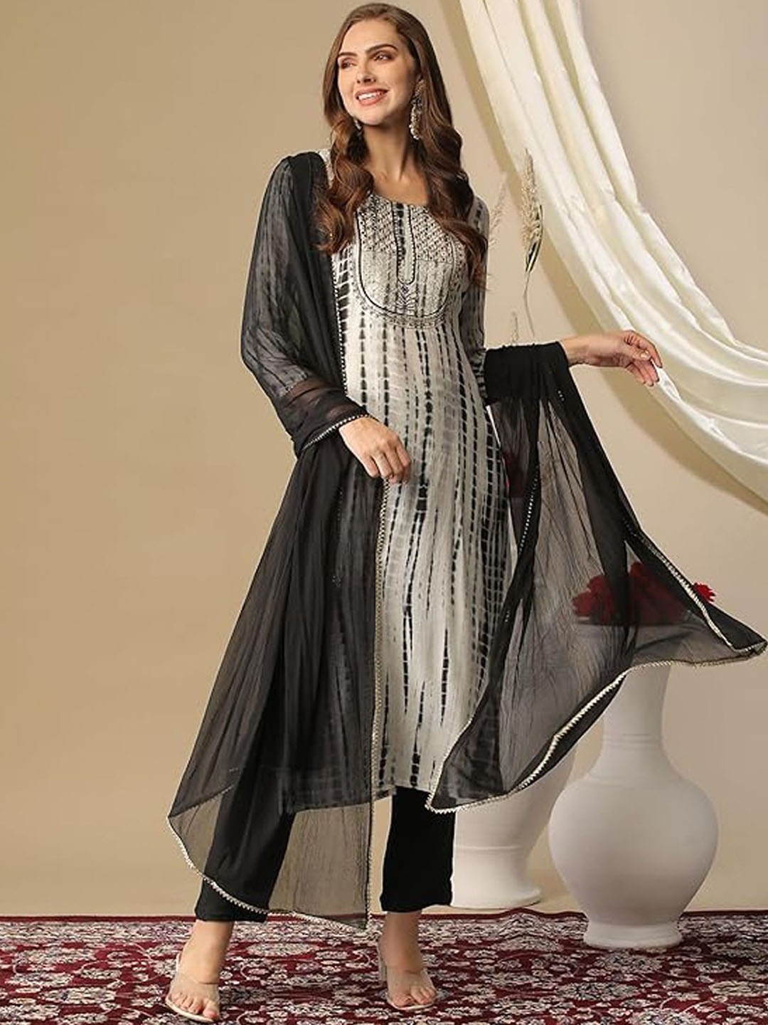 

ANJAYA Abstract Printed Sequinned Straight Kurta With Trouser & Dupatta, Black