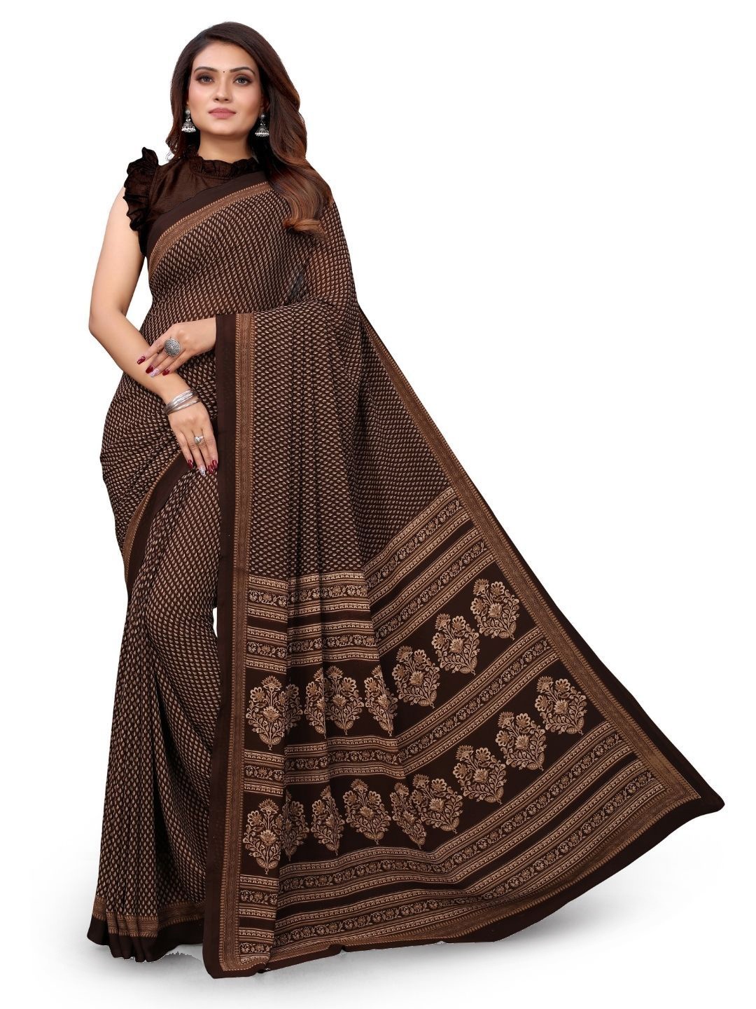 

MADHUR MILAN Pure Crepe Saree, Brown