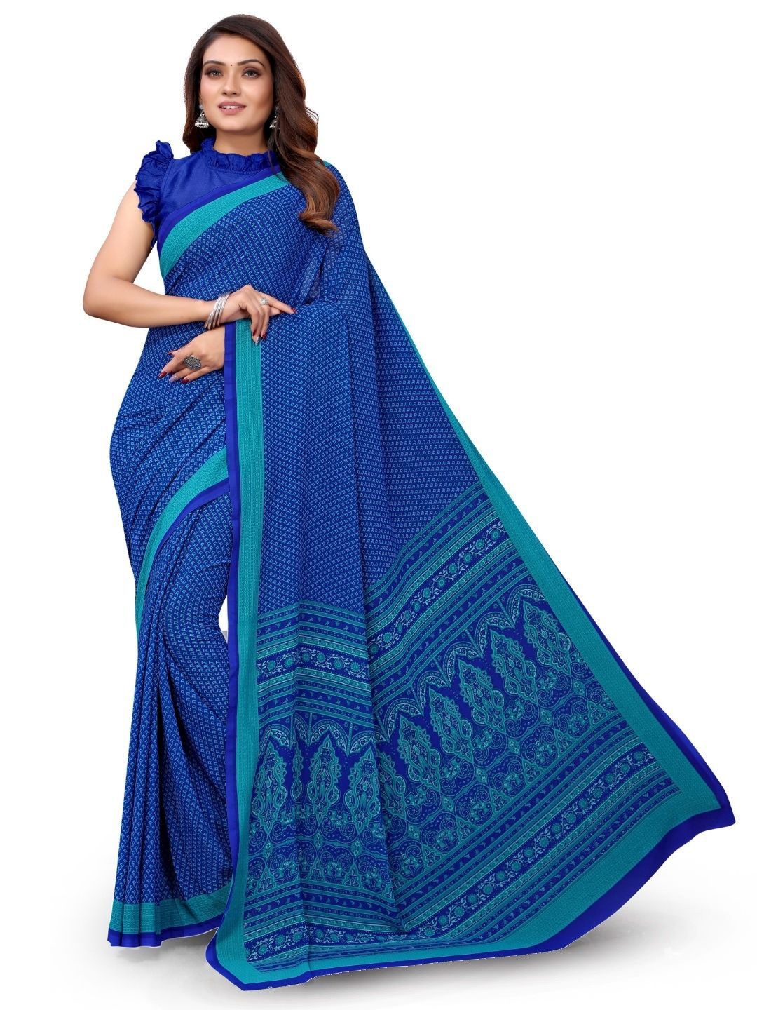 

MADHUR MILAN Ethnic Motifs Pure Crepe Saree, Blue