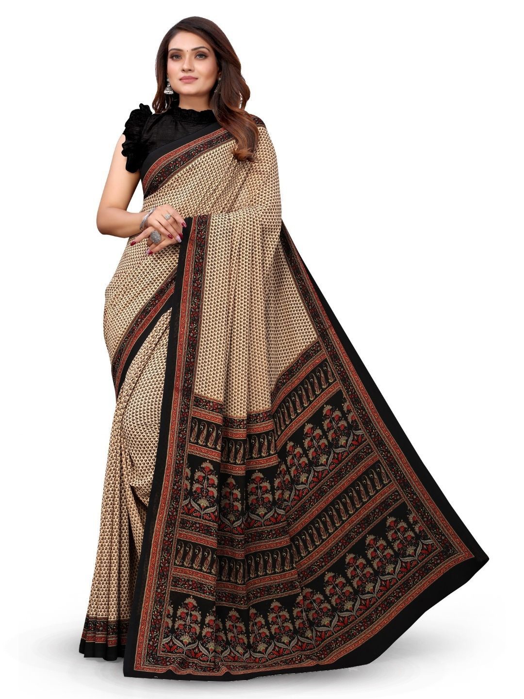 

MADHUR MILAN Floral Pure Crepe Saree, Brown