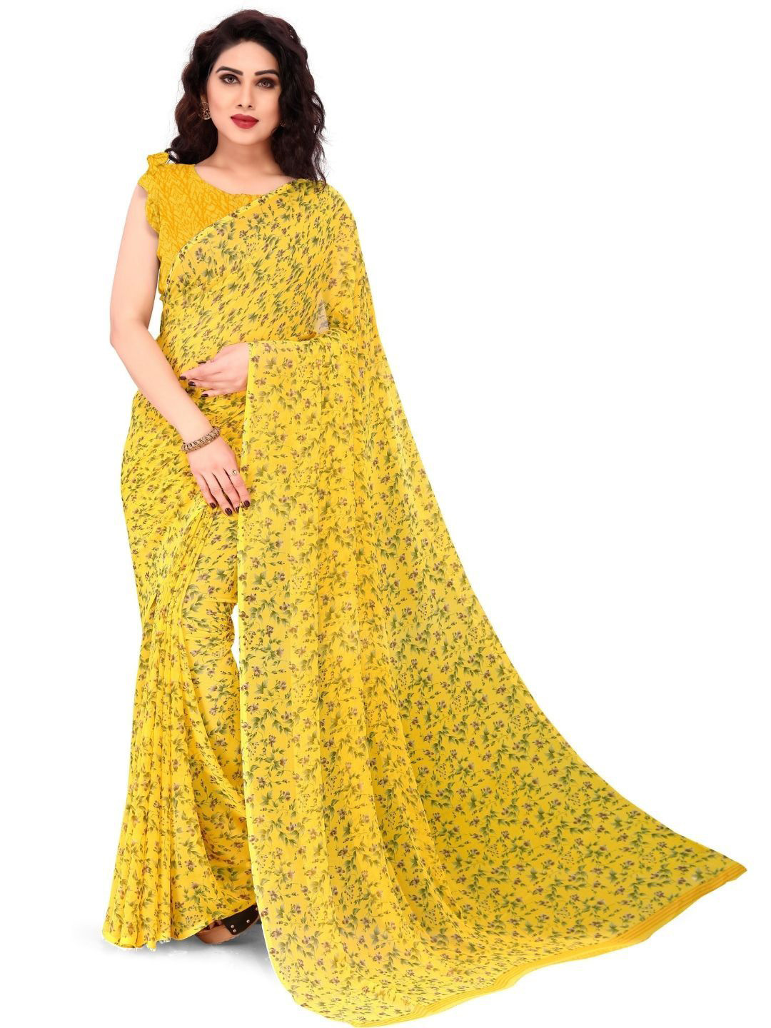 

MADHUR MILAN Floral Pure Georgette Saree, Yellow