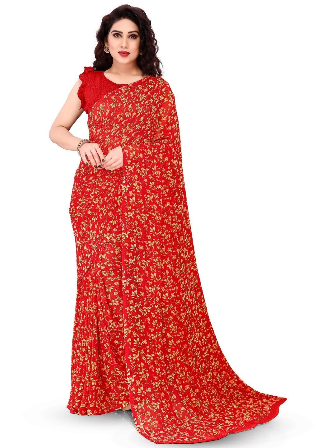 

MADHUR MILAN Floral Pure Georgette Saree, Red