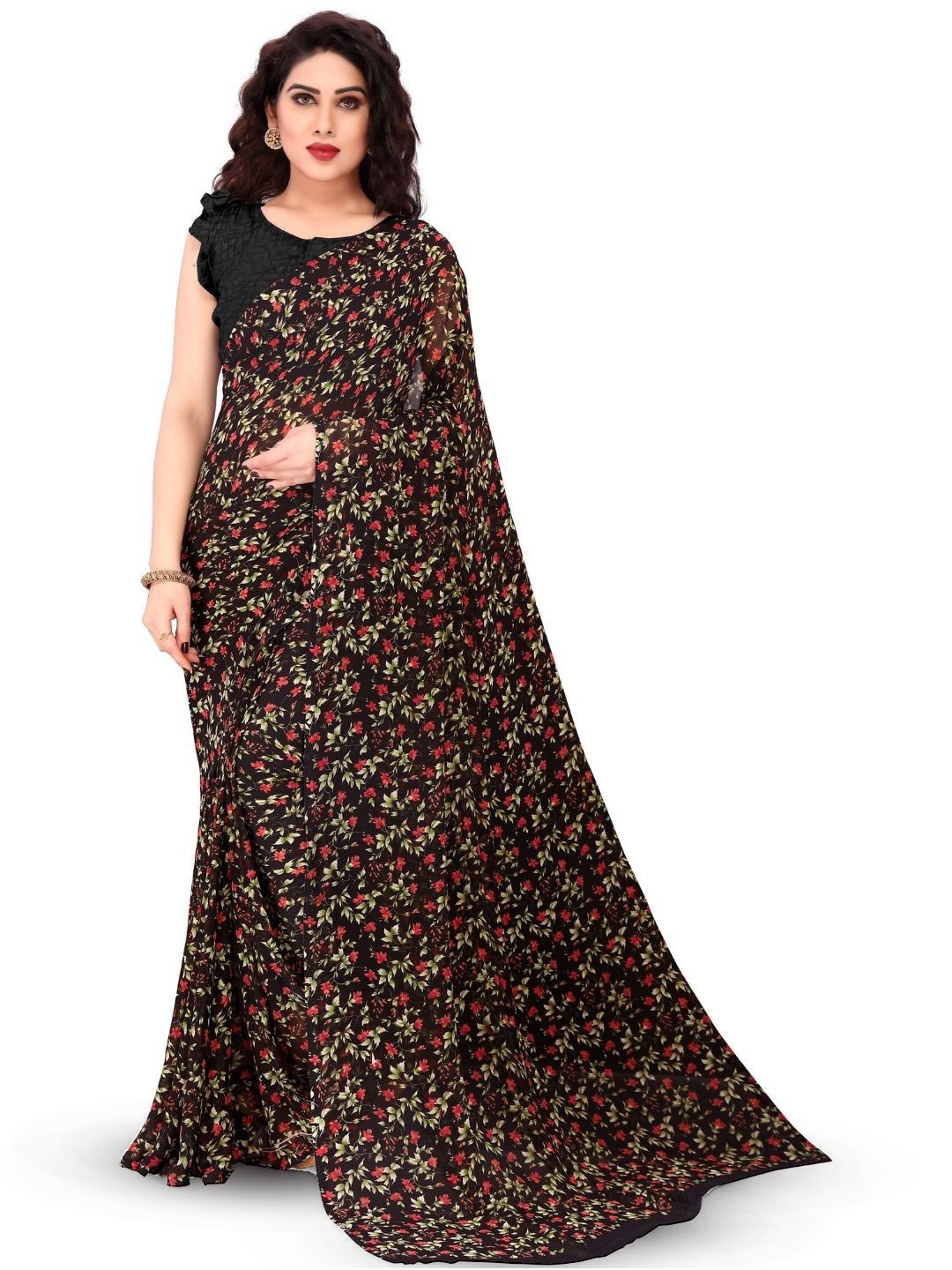 

MADHUR MILAN Floral Pure Georgette Saree, Black