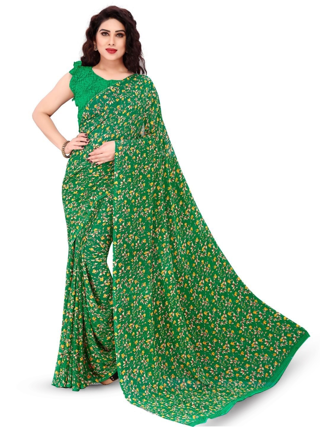 

MADHUR MILAN Floral Pure Georgette Saree, Green