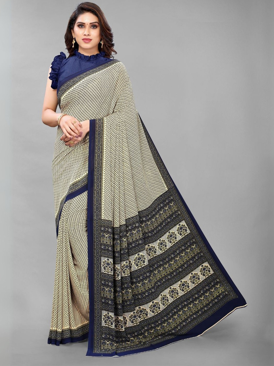 

MADHUR MILAN Ethnic Motifs Pure Crepe Saree, Beige