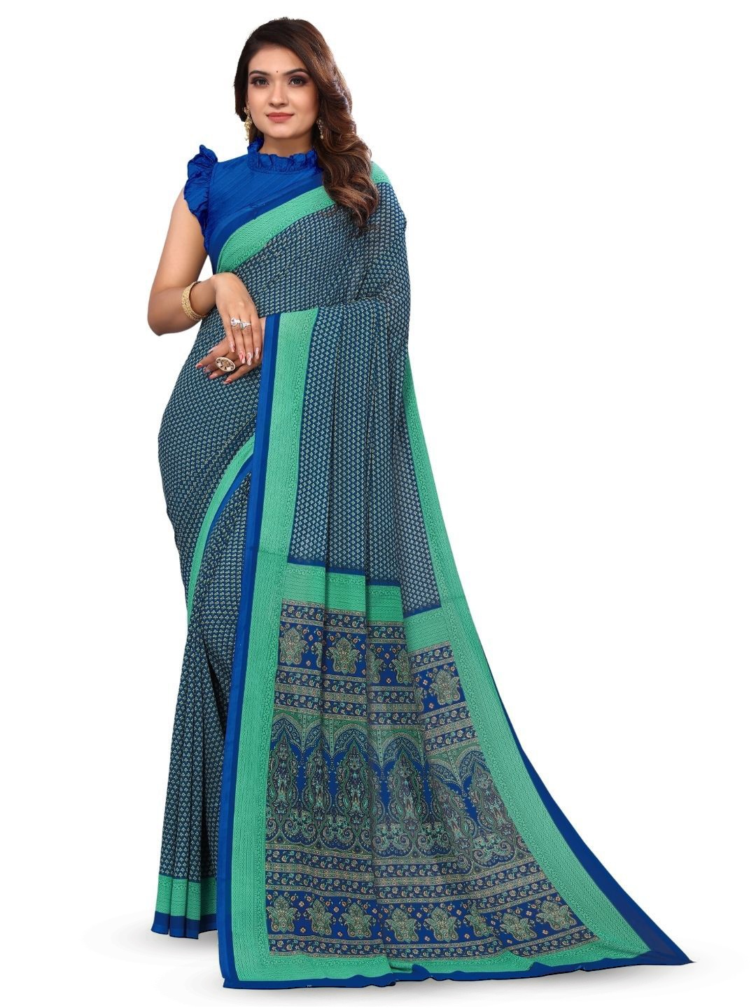 

MADHUR MILAN Ethnic Motifs Pure Crepe Saree, Blue
