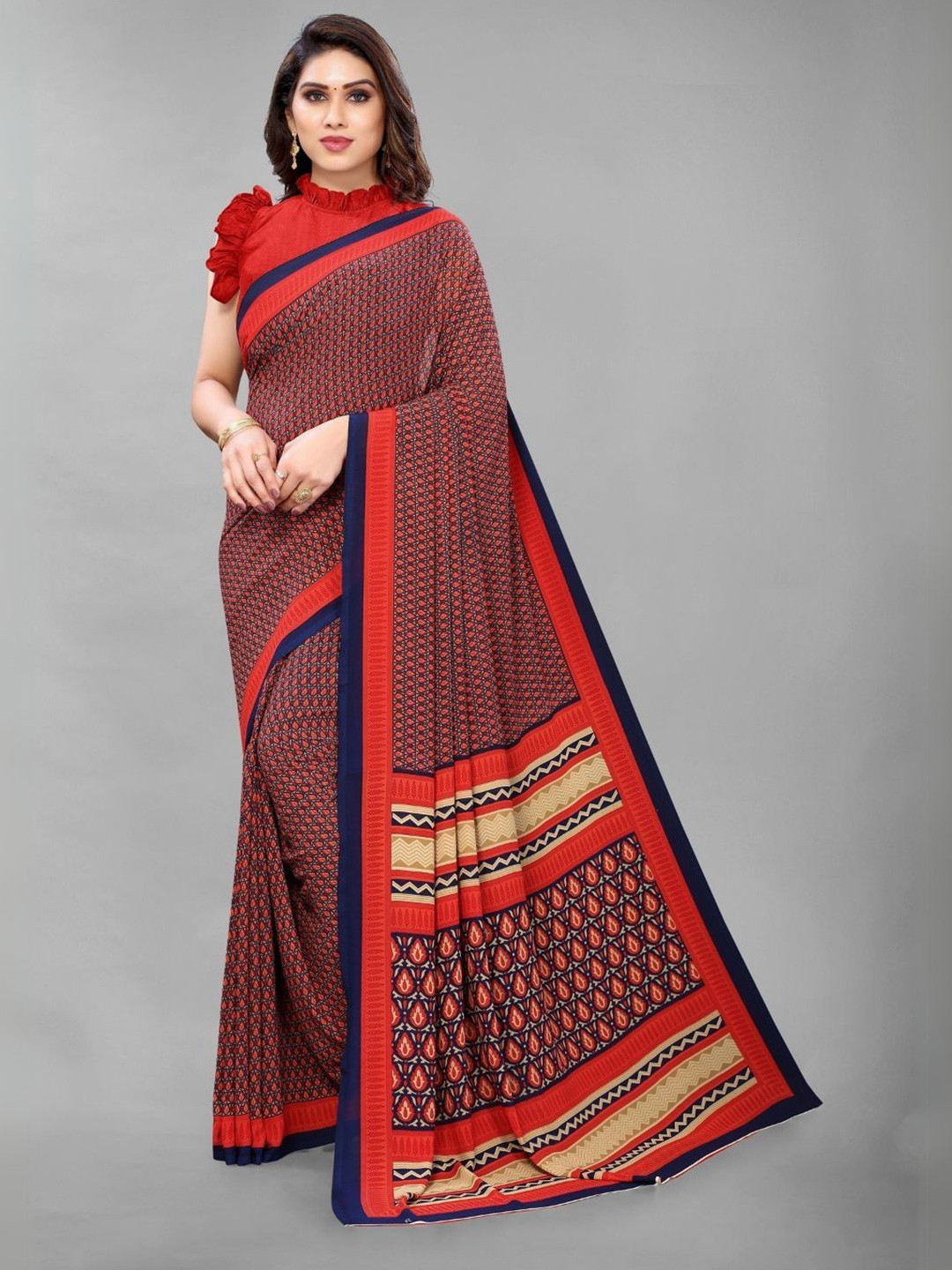 

MADHUR MILAN Floral Pure Crepe Saree, Red