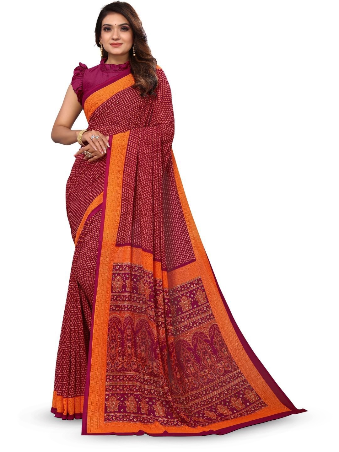 

MADHUR MILAN Ethnic Motifs Pure Crepe Saree, Pink