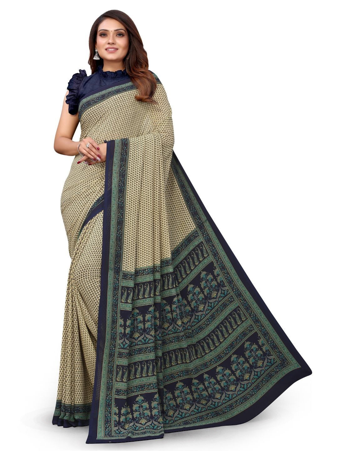 

MADHUR MILAN Floral Pure Crepe Saree, Blue