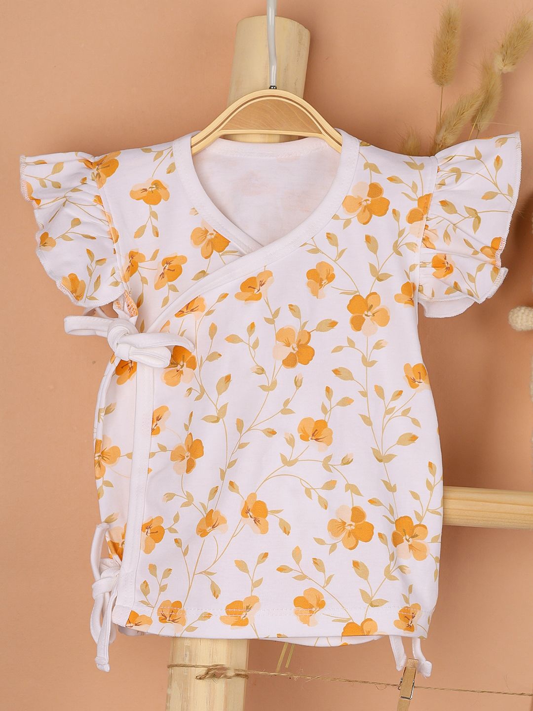 

Moms Home Floral Print Flutter Sleeve Organic Cotton Top, Peach