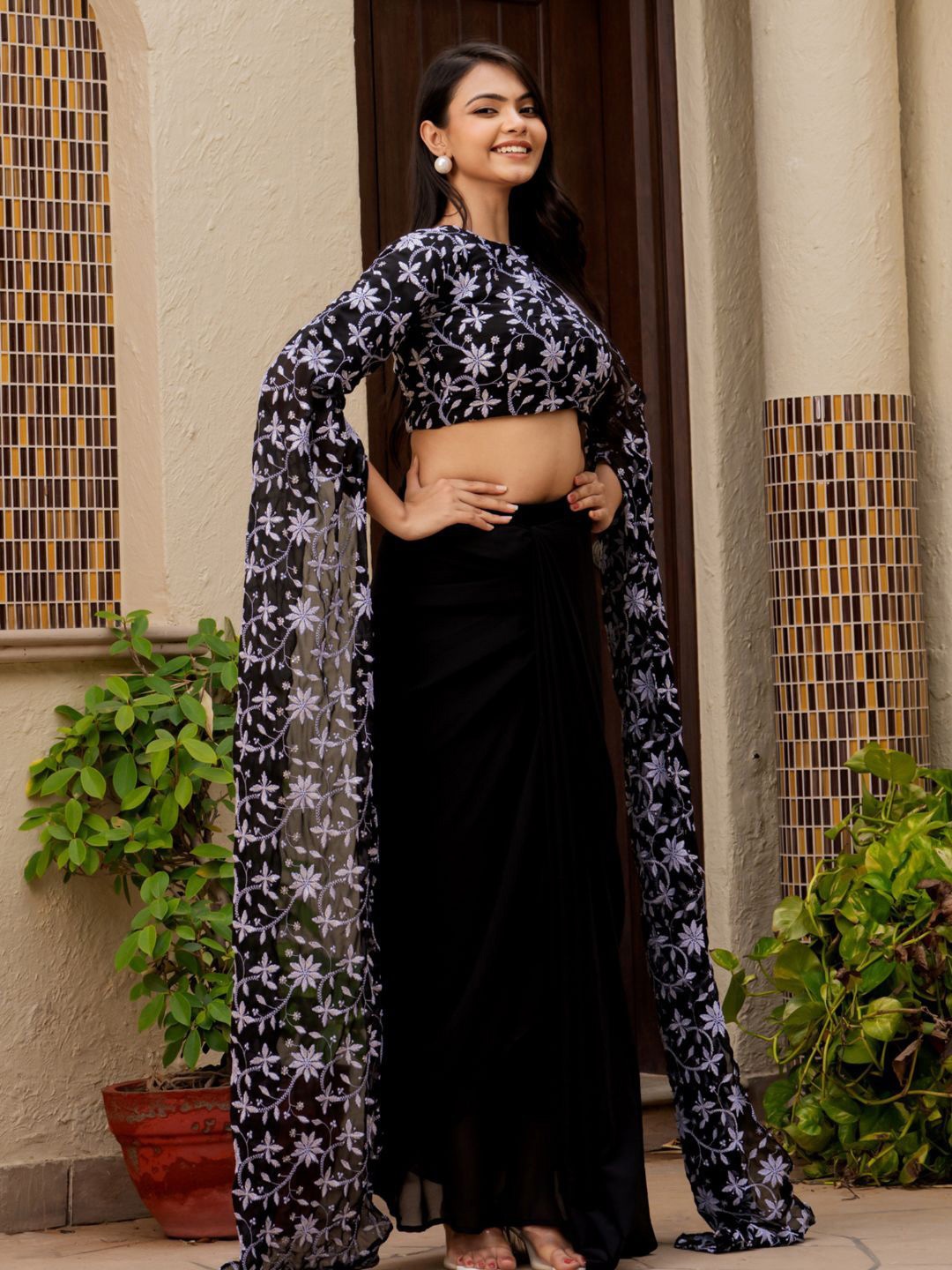 

HOUSE OF JAMOTI Embroidered Thread Work Ready to Wear Lehenga, Black
