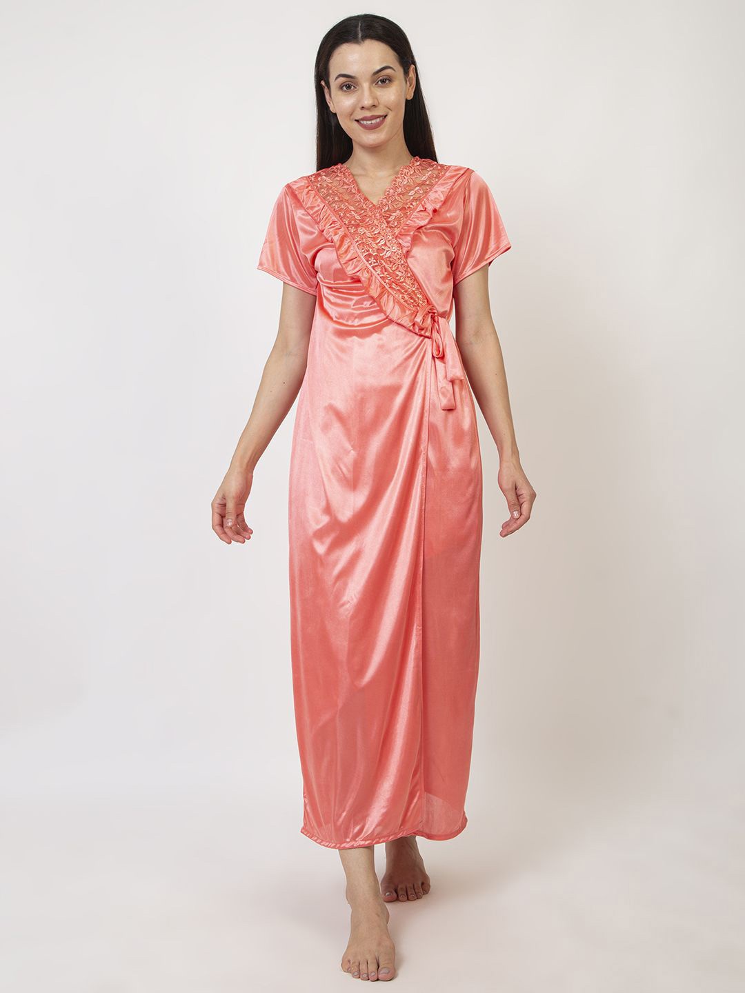 

AVYAY Floral Lace Shoulder Straps Satin Nightdress With Robe, Orange