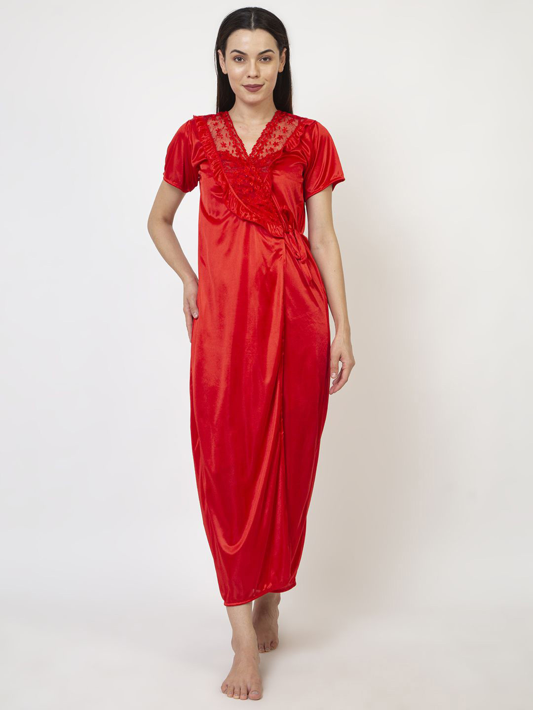 

AVYAY Floral Lace Shoulder Straps Satin Nightdress With Robe, Red