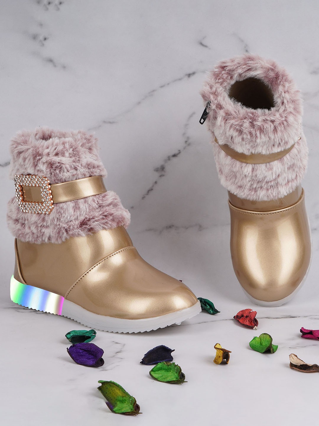 

BAESD Girls Faux Fur Side Zip LED Light Mid-Top Ankle Winter Boot, Gold