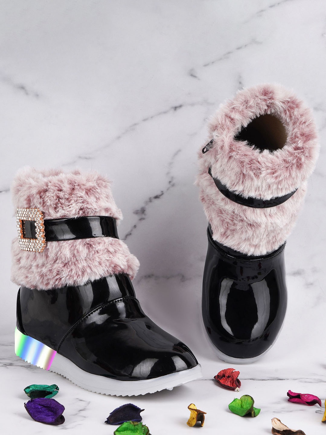

BAESD Girls Embellished Faux Fur Side Zip LED Light Winter Boot, Black