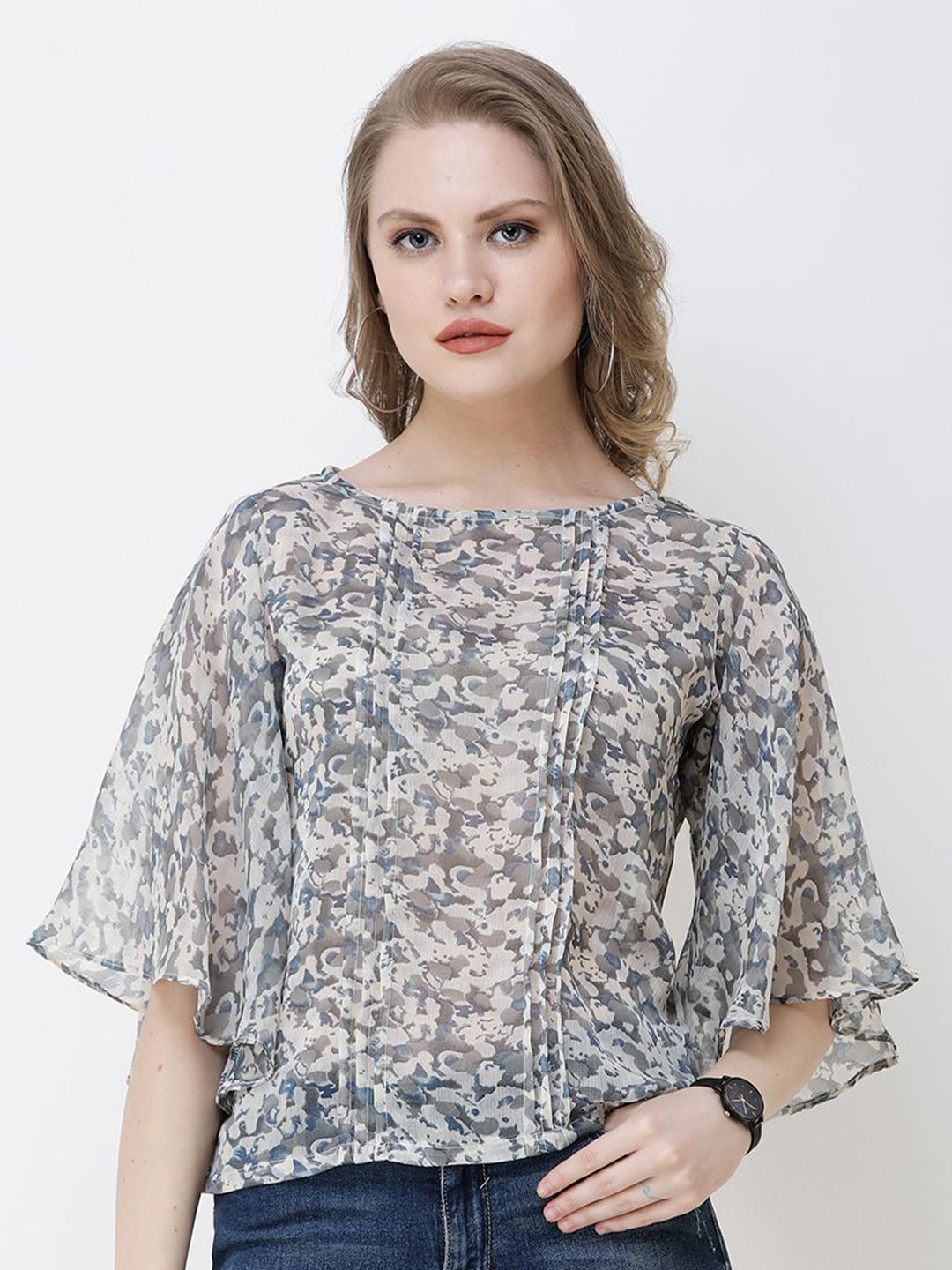 

SCORPIUS Animal Print Flared Sleeve Chiffon Top, Grey